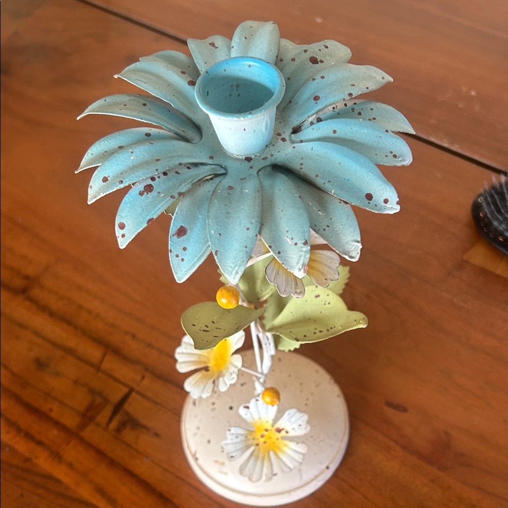 Rustic Blue Metal Flower Candle Holder
